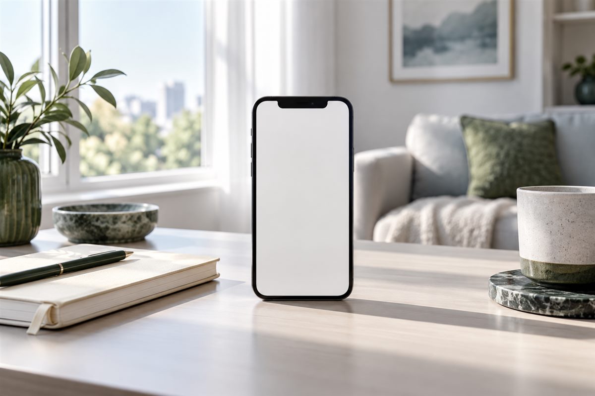 iPhone摆放在明亮桌面上用于准备网络配置
